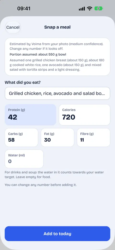 Snap a meal: Voima’s estimate of grilled chicken, rice, avocado and salad, with protein, calories, carbs, fat and fibre