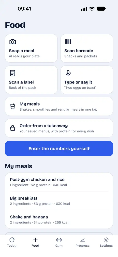 Food tab: snap a meal, scan barcode, scan a label, type or say it
